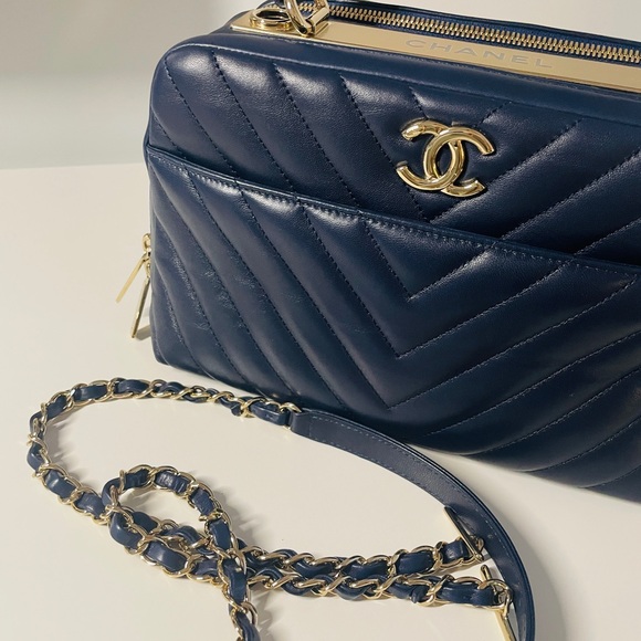 Chanel Navy Chevron Leather Medium Trendy Bowling Top Handle - Picture 2 of 10